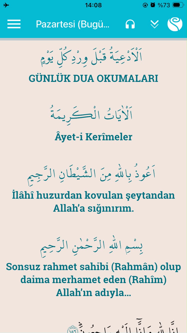 DUA günlük dua okumaları ekranı