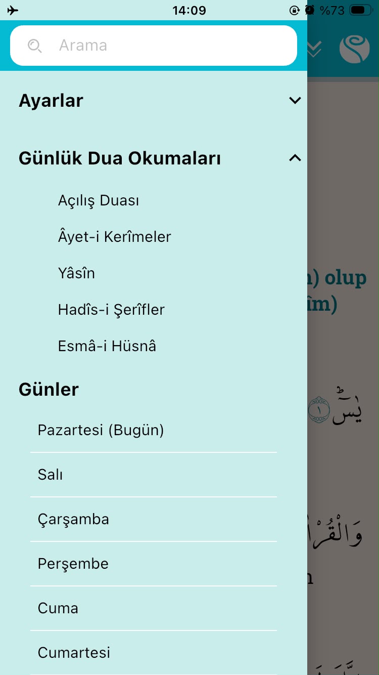 DUA gün ve bölüm seçim menüsü